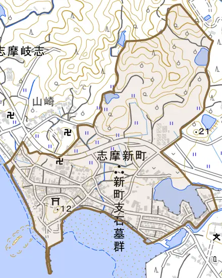 志摩新町とその周辺の地図。町の範囲を重ねている