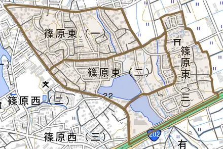 篠原東とその周辺の地図。町の範囲を重ねている