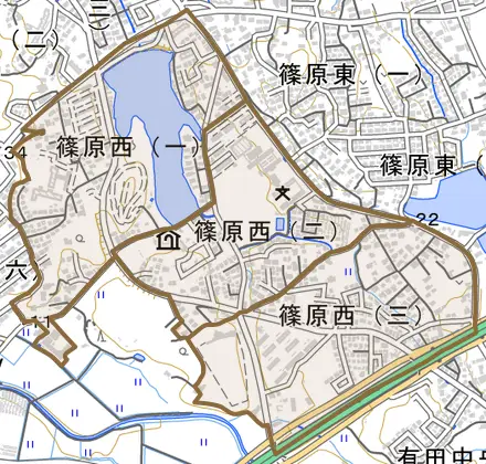 篠原西とその周辺の地図。町の範囲を重ねている