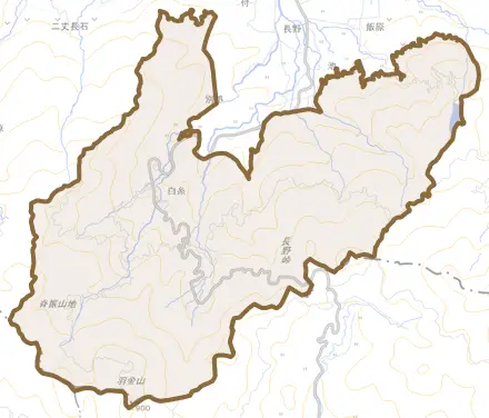 白糸とその周辺の地図。町の範囲を重ねている