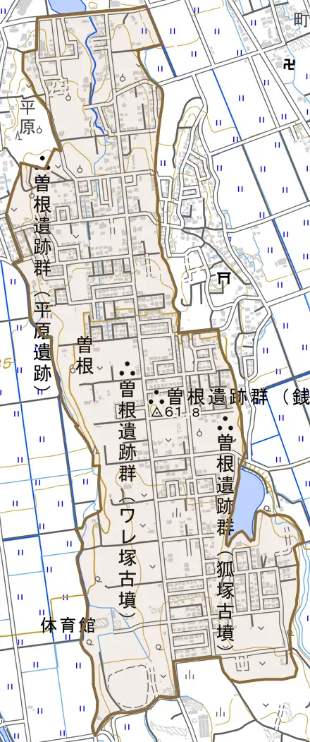 曽根とその周辺の地図。町の範囲を重ねている