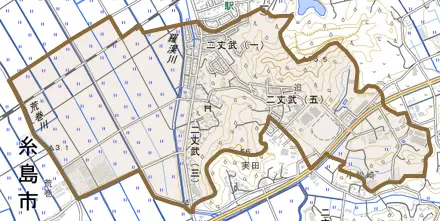 二丈武とその周辺の地図。町の範囲を重ねている