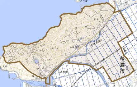 二丈松末とその周辺の地図。町の範囲を重ねている