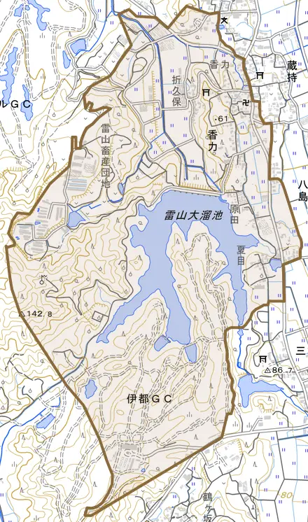 香力とその周辺の地図。町の範囲を重ねている