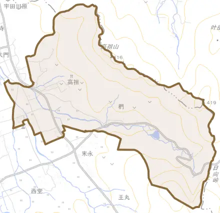 高祖とその周辺の地図。町の範囲を重ねている