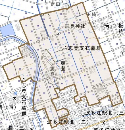 志登とその周辺の地図。町の範囲を重ねている