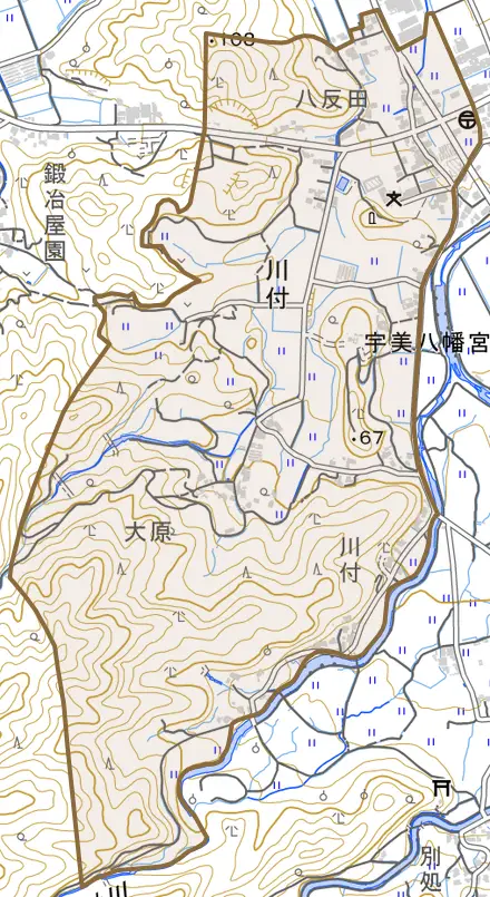 川付とその周辺の地図。町の範囲を重ねている