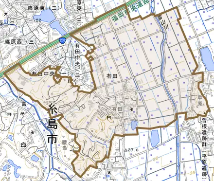 有田とその周辺の地図。町の範囲を重ねている