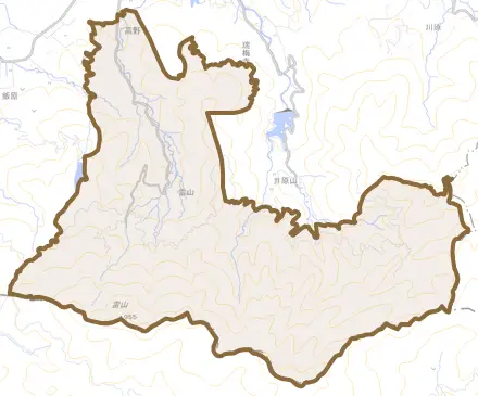 雷山とその周辺の地図。町の範囲を重ねている