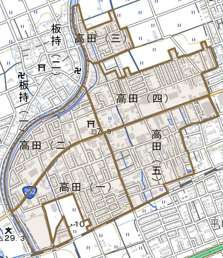 高田とその周辺の地図。町の範囲を重ねている