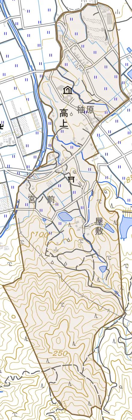高上とその周辺の地図。町の範囲を重ねている
