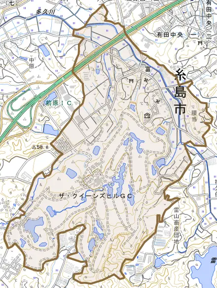富とその周辺の地図。町の範囲を重ねている