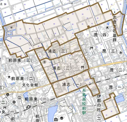 浦志とその周辺の地図。町の範囲を重ねている