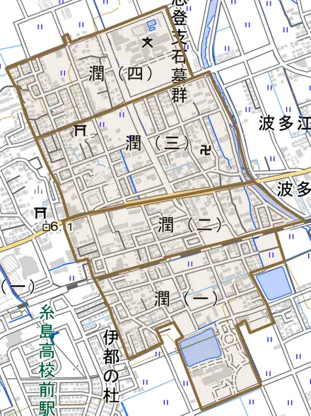 潤とその周辺の地図。町の範囲を重ねている