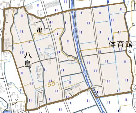 八島とその周辺の地図。町の範囲を重ねている