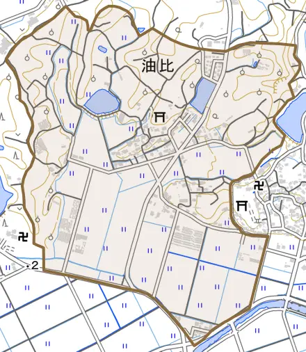 油比とその周辺の地図。町の範囲を重ねている