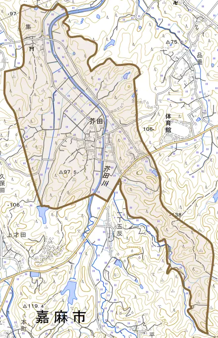 芥田とその周辺の地図。町の範囲を重ねている