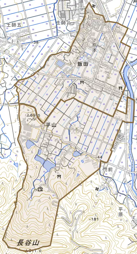 飯田とその周辺の地図。町の範囲を重ねている