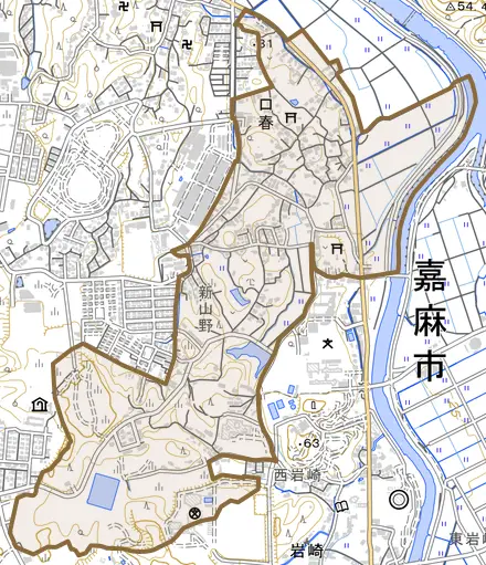 口春とその周辺の地図。町の範囲を重ねている