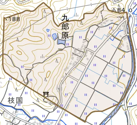 九郎原とその周辺の地図。町の範囲を重ねている