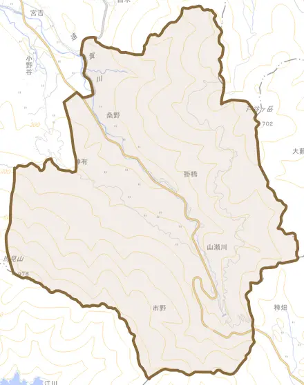桑野とその周辺の地図。町の範囲を重ねている