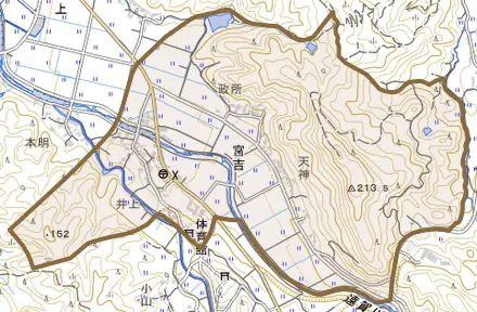 宮吉とその周辺の地図。町の範囲を重ねている