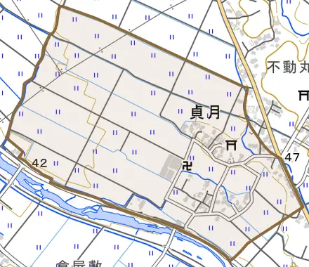 貞月とその周辺の地図。町の範囲を重ねている