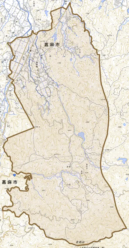 千手とその周辺の地図。町の範囲を重ねている
