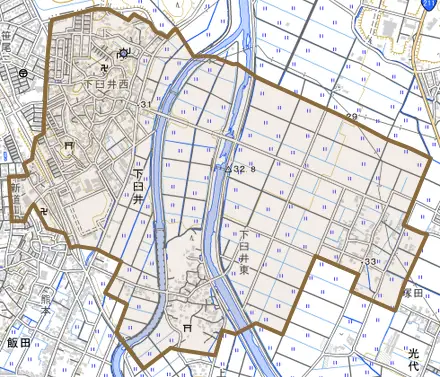 下臼井とその周辺の地図。町の範囲を重ねている