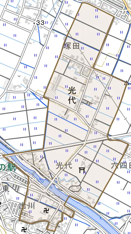光代とその周辺の地図。町の範囲を重ねている