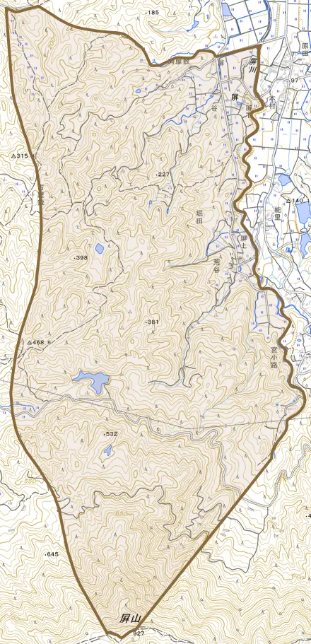 屏とその周辺の地図。町の範囲を重ねている