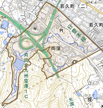 大字雨窪とその周辺の地図。町の範囲を重ねている