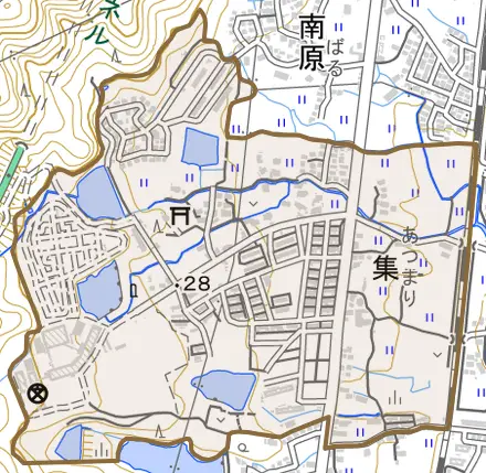 大字集とその周辺の地図。町の範囲を重ねている