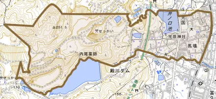大字馬場とその周辺の地図。町の範囲を重ねている