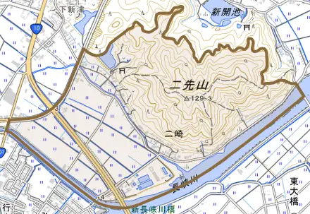 大字二崎とその周辺の地図。町の範囲を重ねている
