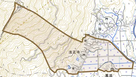 大字法正寺とその周辺の地図。町の範囲を重ねている
