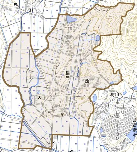 大字稲光とその周辺の地図。町の範囲を重ねている