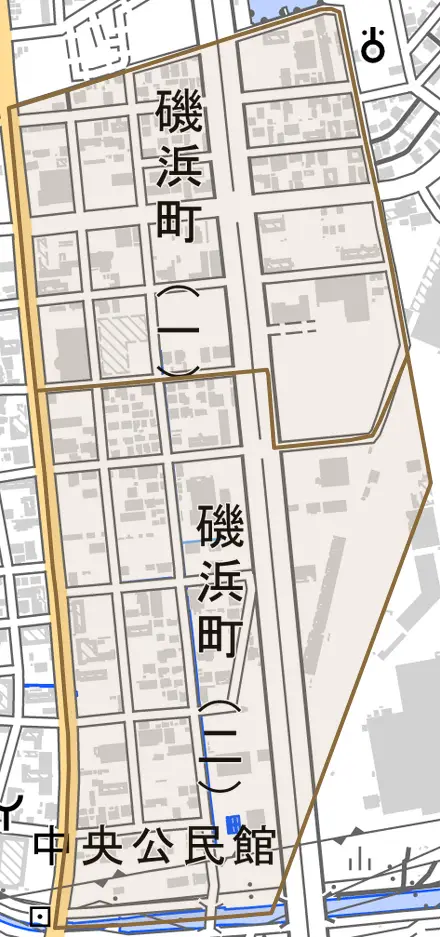 磯浜町とその周辺の地図。町の範囲を重ねている