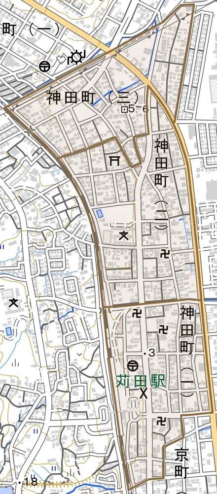 神田町とその周辺の地図。町の範囲を重ねている