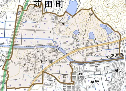 大字上片島とその周辺の地図。町の範囲を重ねている
