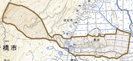 大字黒添とその周辺の地図。町の範囲を重ねている