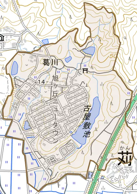 大字葛川とその周辺の地図。町の範囲を重ねている