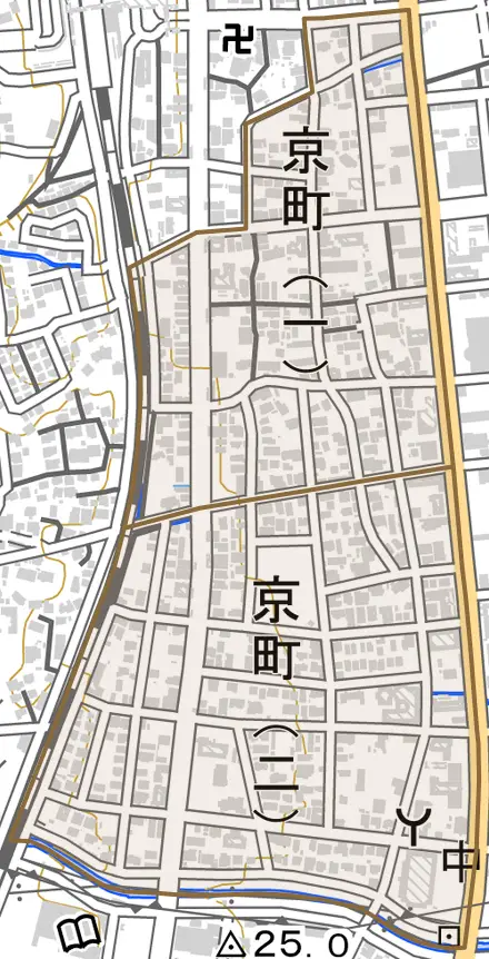 京町とその周辺の地図。町の範囲を重ねている