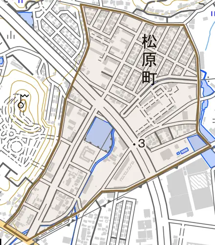 松原町とその周辺の地図。町の範囲を重ねている