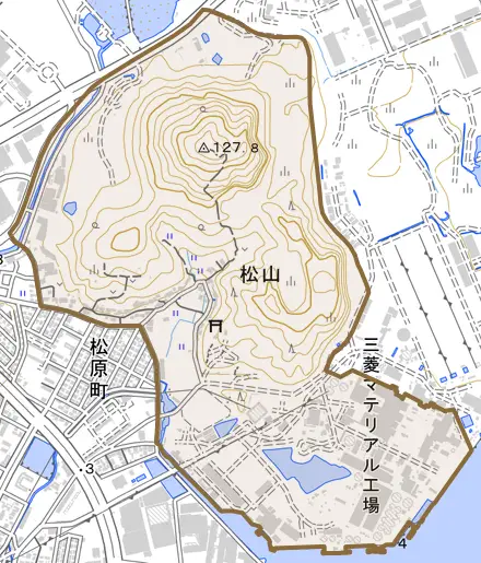 大字松山とその周辺の地図。町の範囲を重ねている