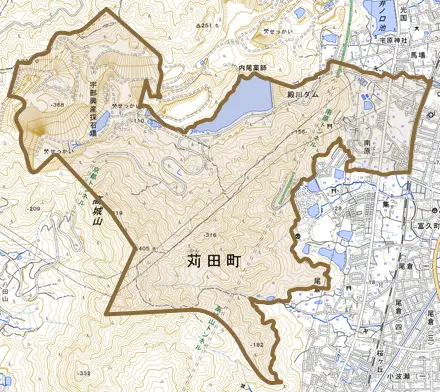 大字南原とその周辺の地図。町の範囲を重ねている