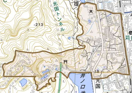 大字光国とその周辺の地図。町の範囲を重ねている
