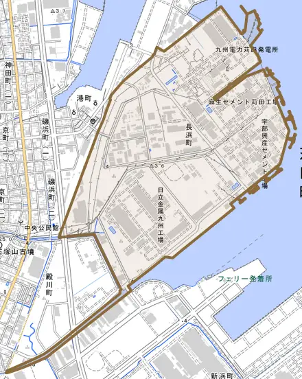 長浜町とその周辺の地図。町の範囲を重ねている