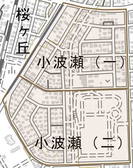 小波瀬とその周辺の地図。町の範囲を重ねている