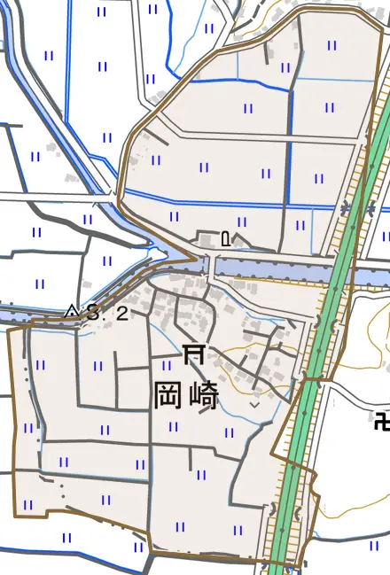 大字岡崎とその周辺の地図。町の範囲を重ねている